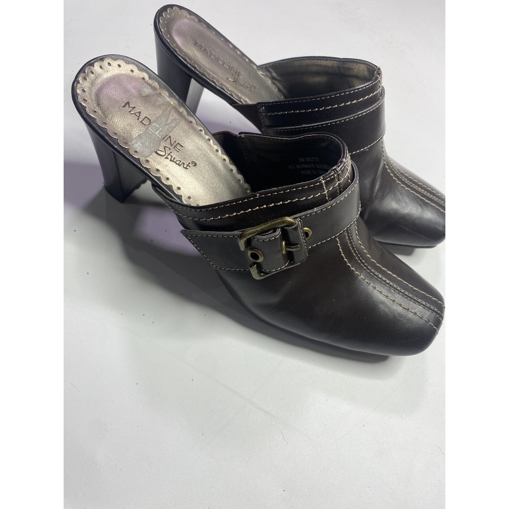 Madeline Stuart Brutti Brown Mules Square Toe Block Heel Buckle Y2K Shoes Sz 8M